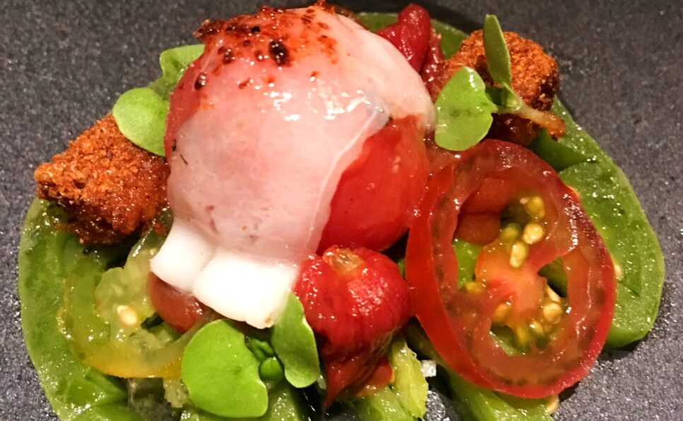 Fine dining dish with green and red tomatoes