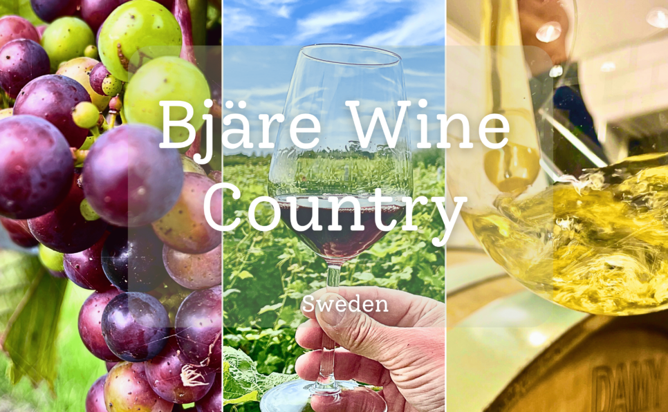Bjäre Wine Country cover with images of grapes, fields and a glass of wine.