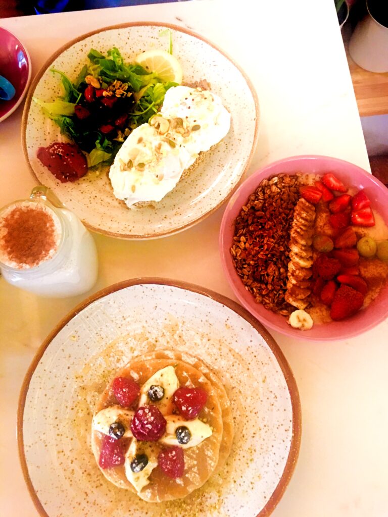 Brunch with pancakes, egg and chia pudding