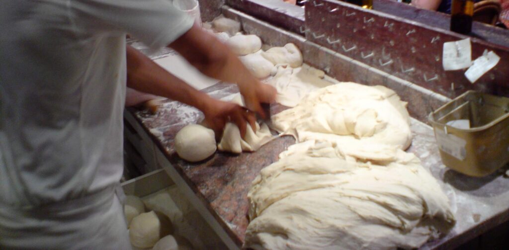 Preparation of pizza dough at La Cresci, Nice