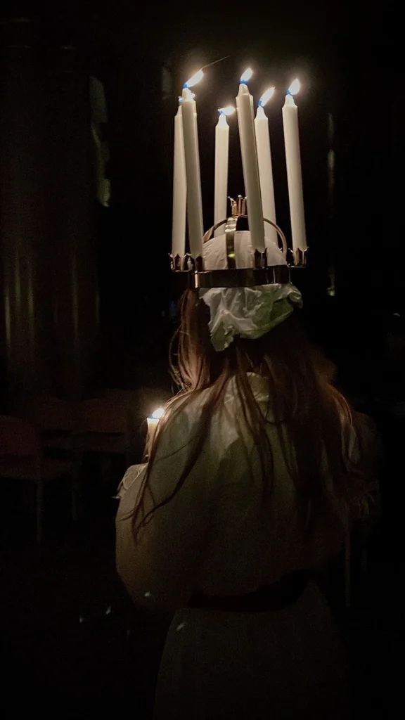 A crown of candles worn by Lucia bride