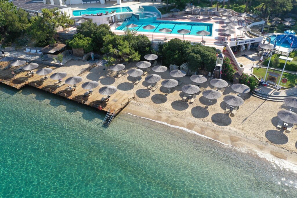 Beach with sun decks in a resort in Turkey.