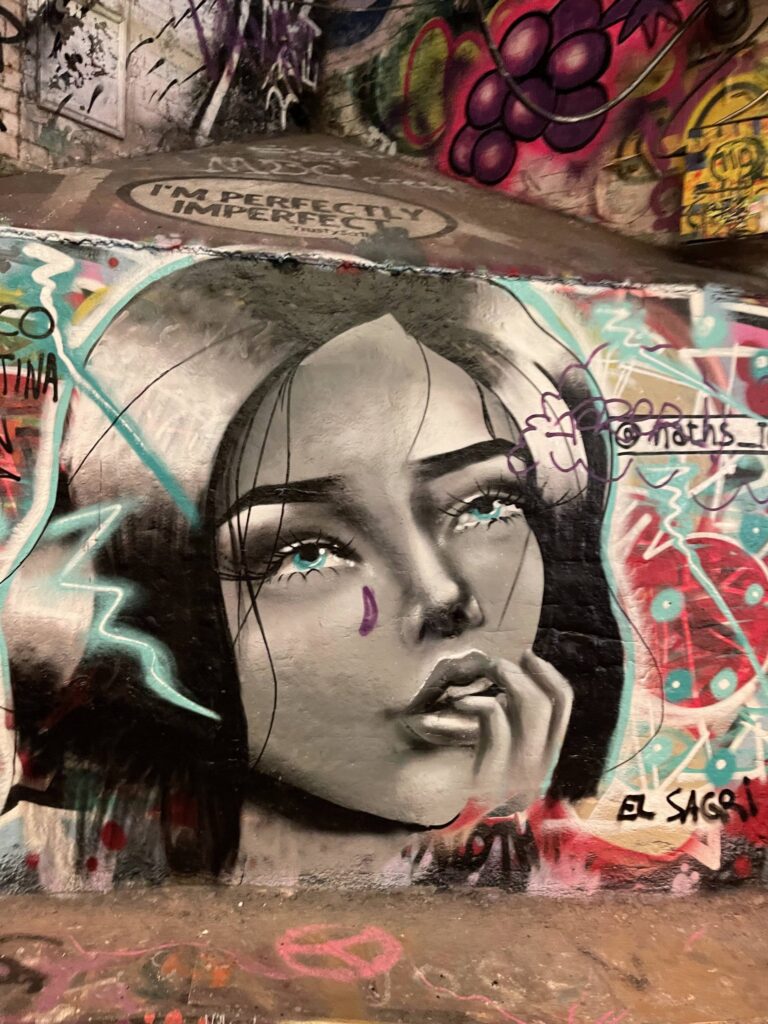 Graffiti art of a woman's face.