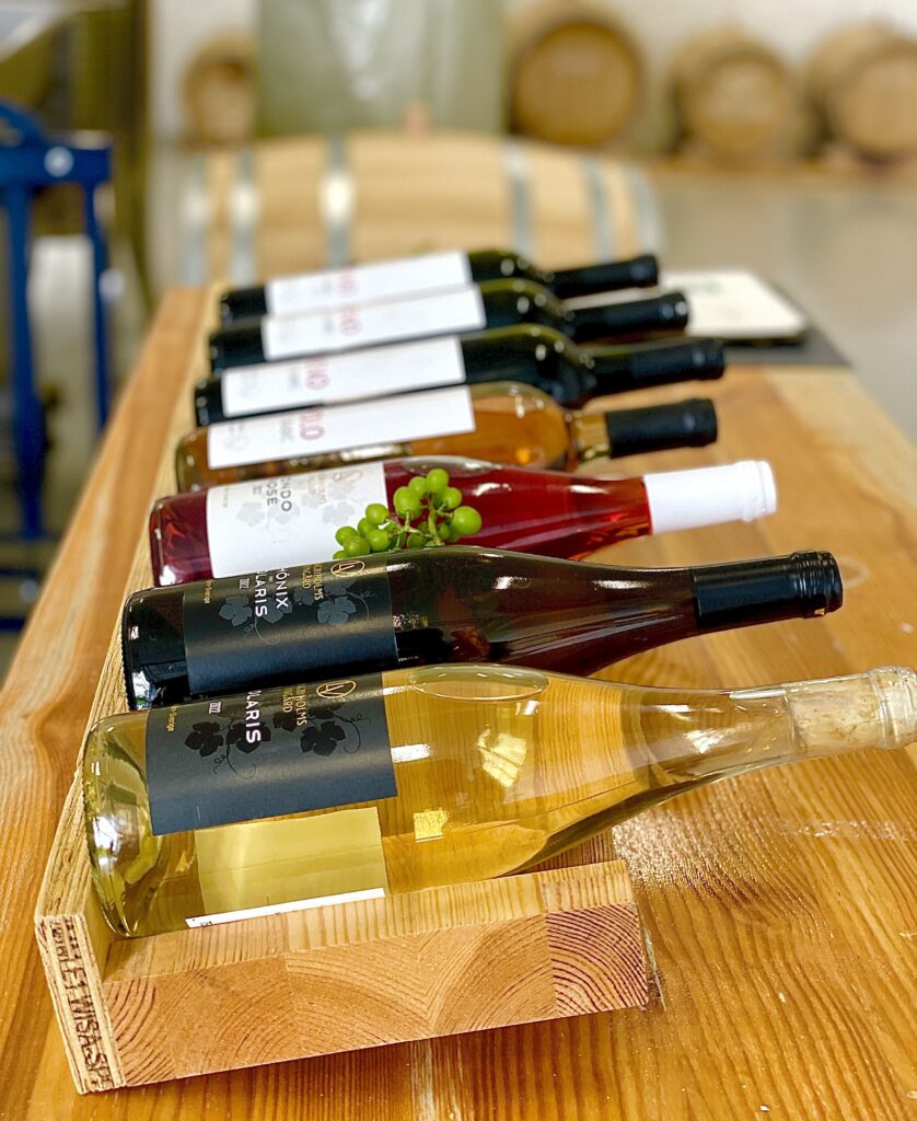 7 bottles of wine displayed on a wooden rack. 