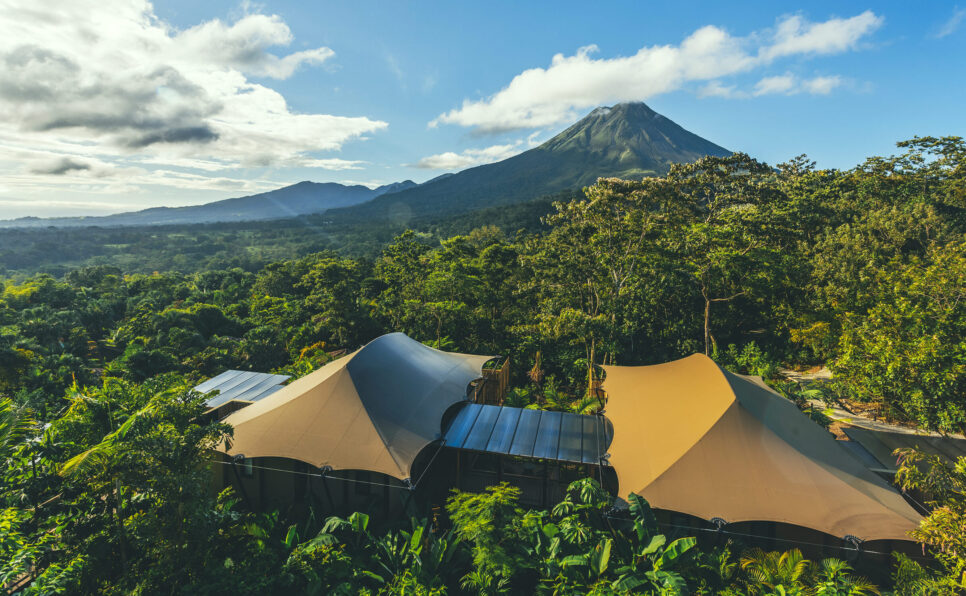 Tented camp with green forest and mountains as a backdrop