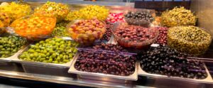 Large selection of olives in different colours