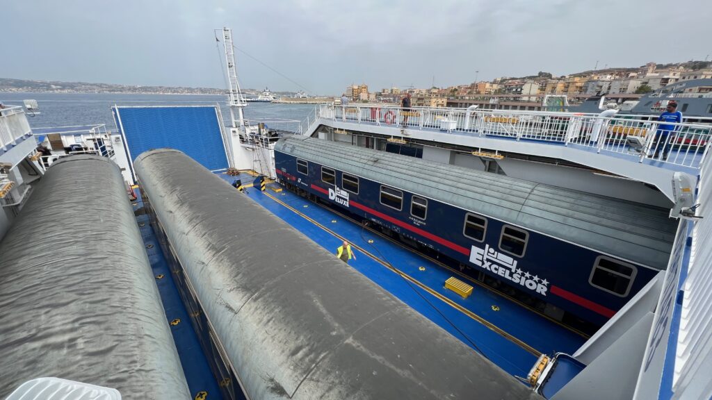 Train carriages on a ferry between Sicily and mainland Italy.