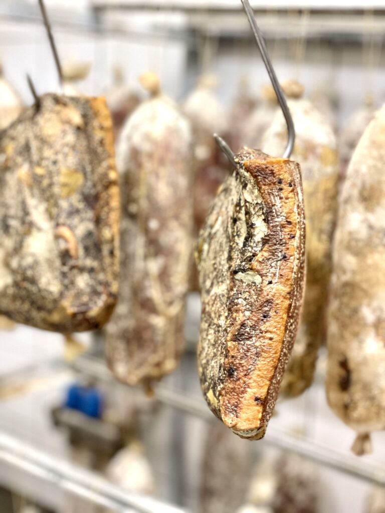 Pieces of Panchetta hanging in cellar