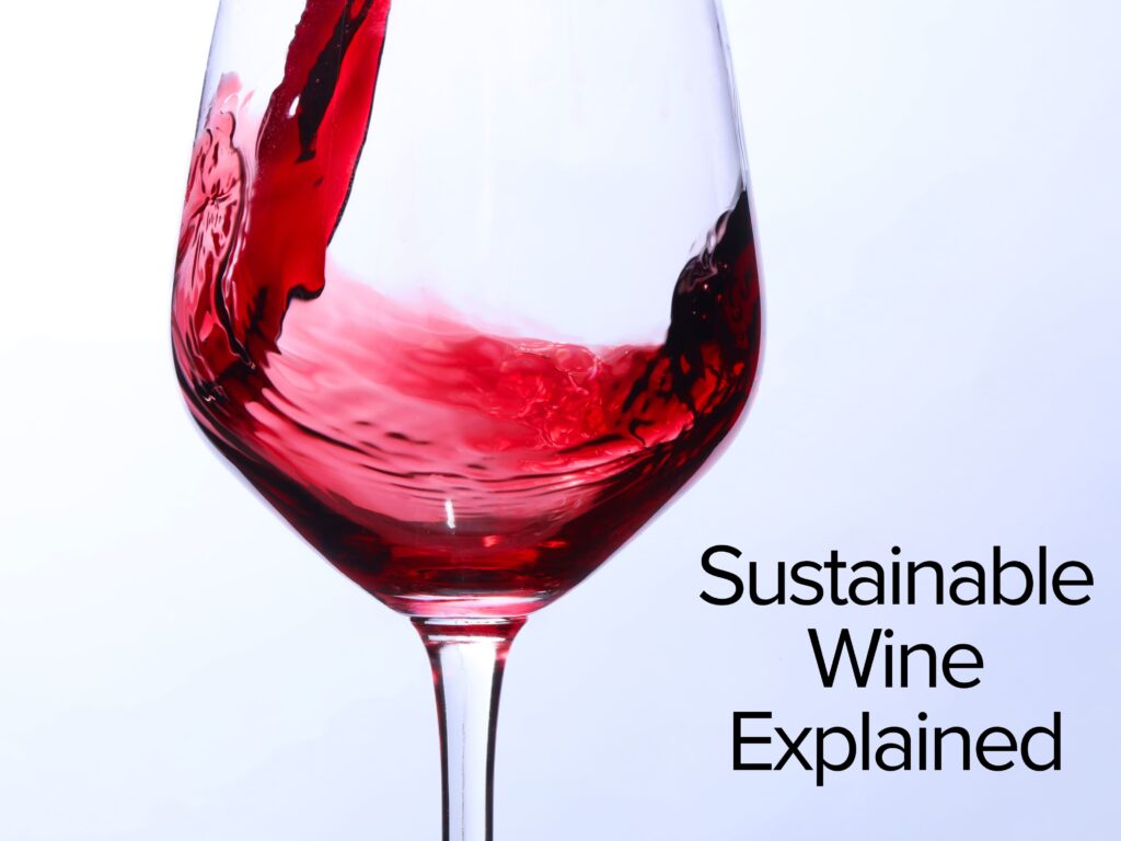 A poster with a glass of red wine and text saying Sustainable Wine Explained