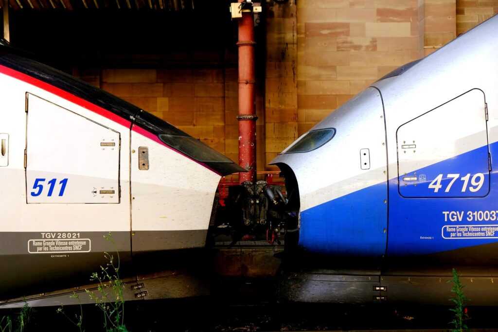 Two high speed trains facing each other 