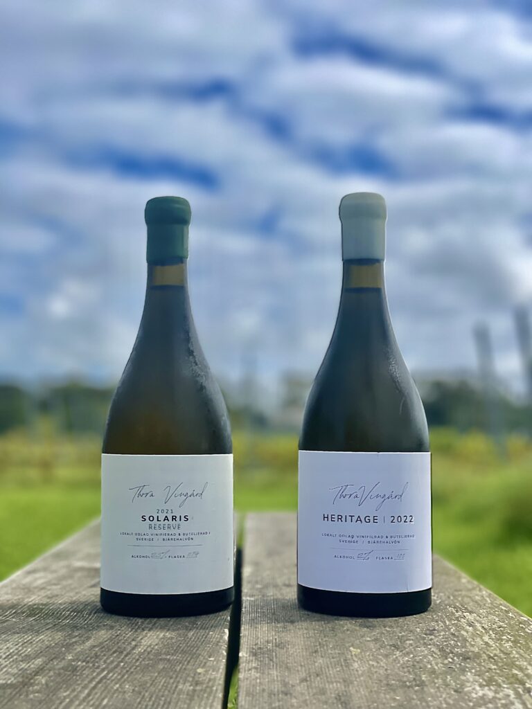 Two bottles of white wine on a wooden table with vineyard in the background.