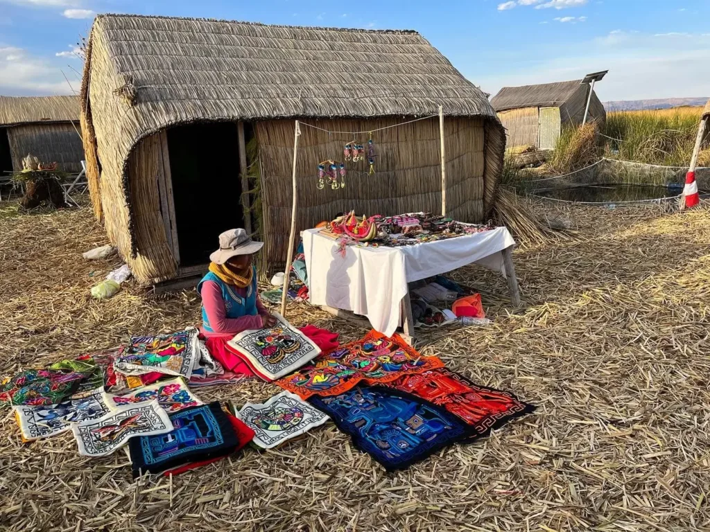 Woman sitting outside a thatched house selling crafts.