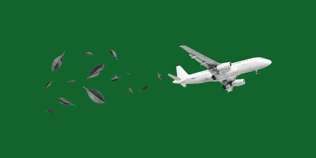 A plane on green background with leaves trailing the aircraft.
