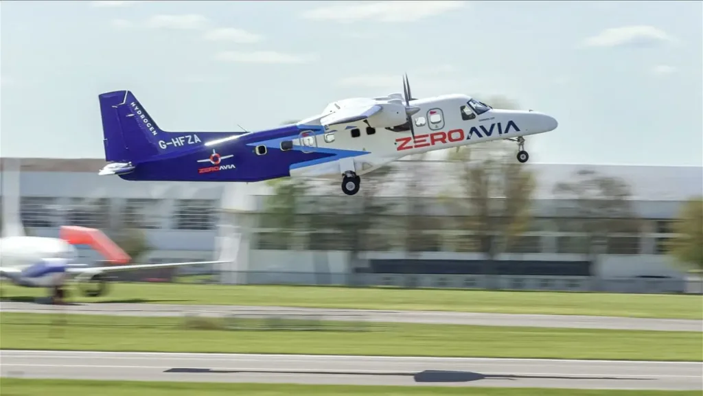 A ZeroAvia plane taking off from a runway.