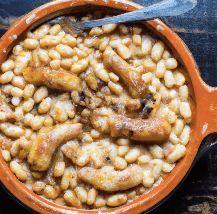 Rustic dish of white beans and meat