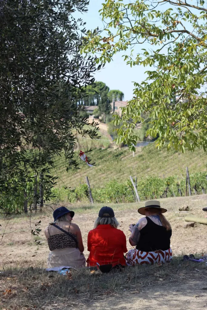 3 women sitting on the ground in a vineyard.