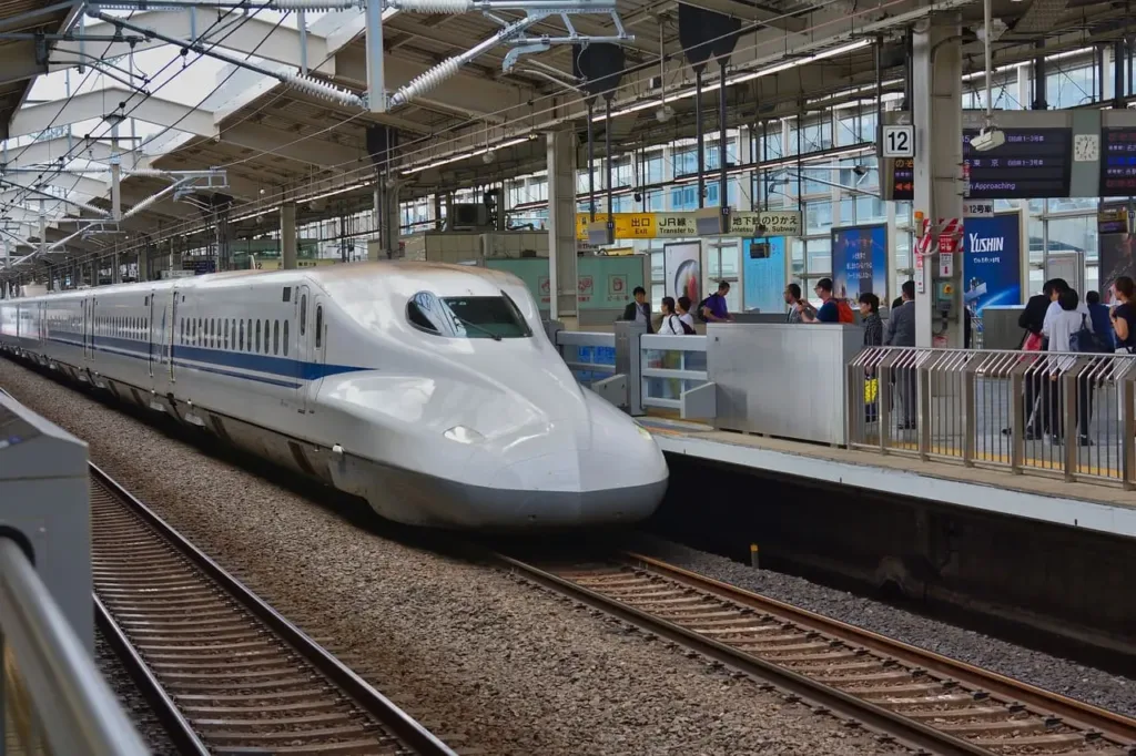 High speed train at a station in Japan.