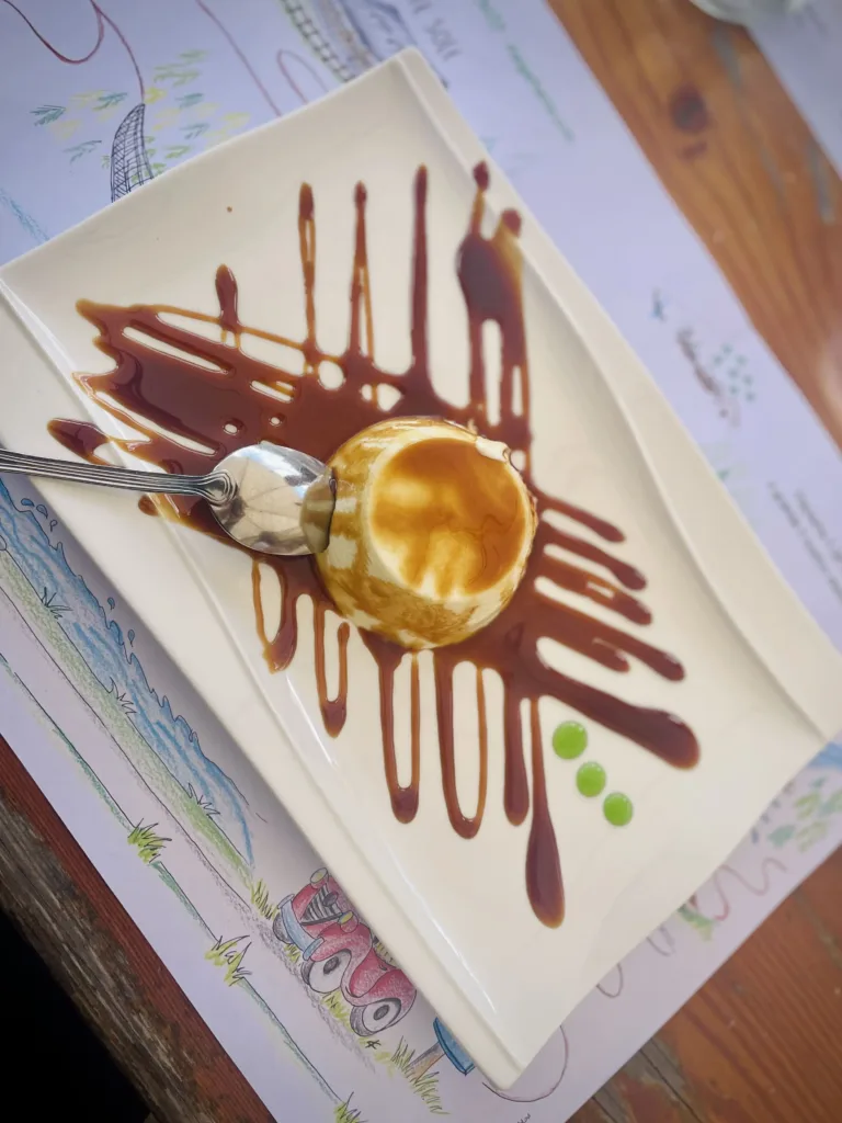 Plate of pana cotta with chocolate drizzle