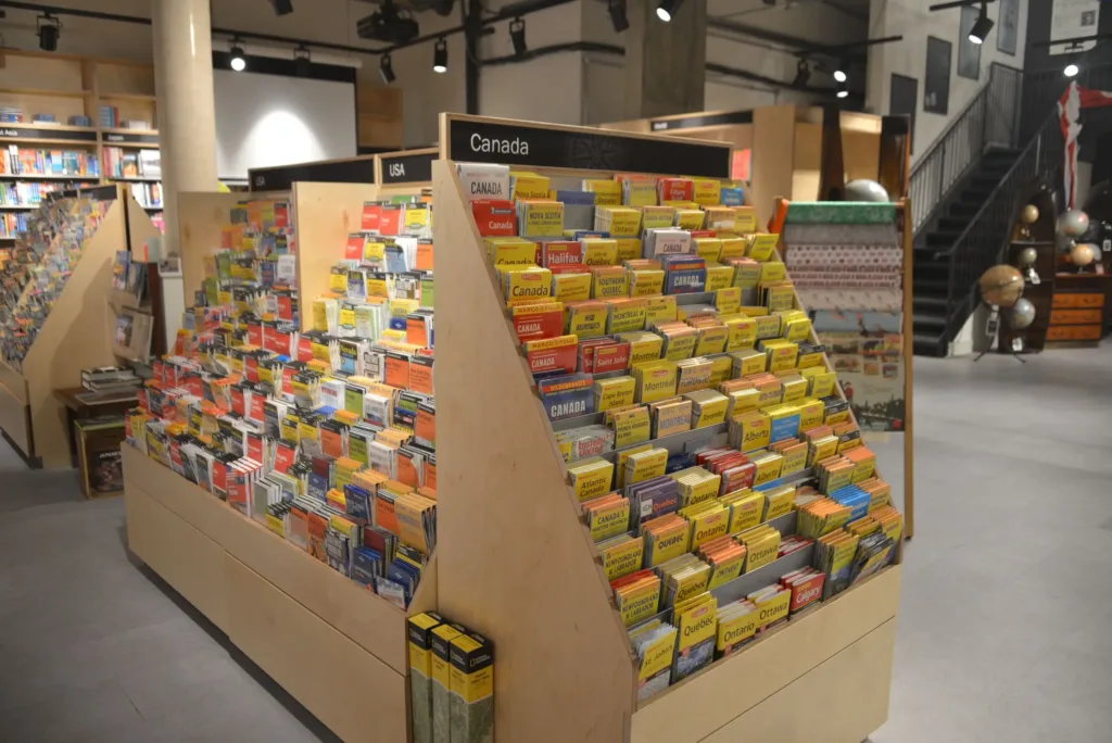 A large selection of maps at a bookstore