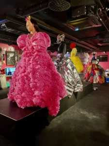 Mannequin wearing a pink dress