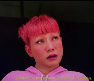 Animated red-headed woman in pink sweater and 
