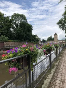 Canal flanked by flowers and trees with a tower in the rear.