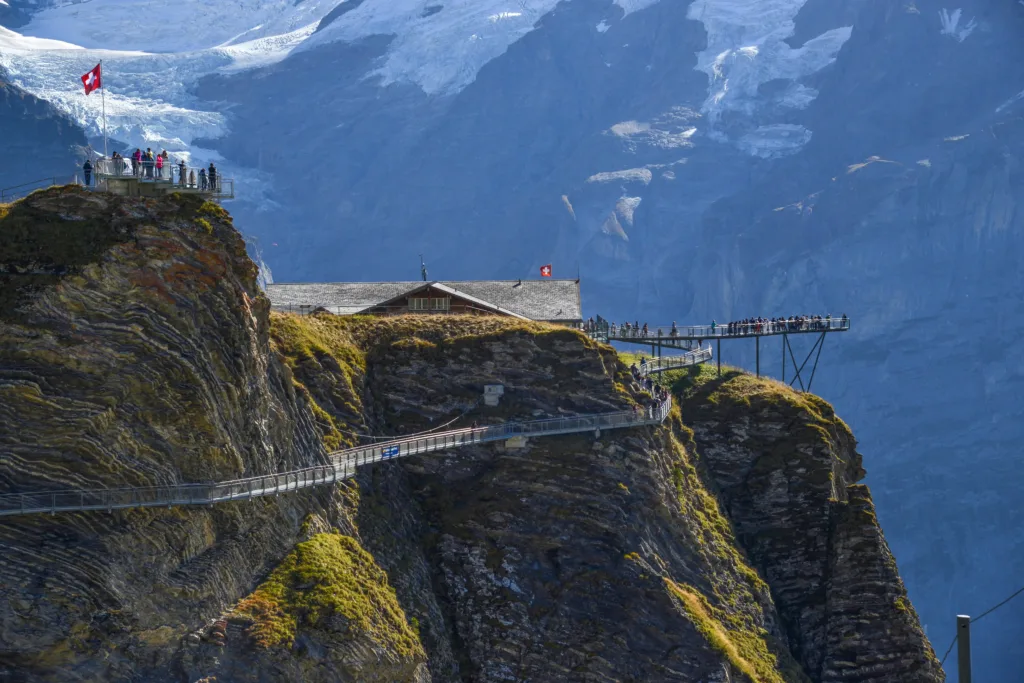 Suspended walkway along a mountain side
