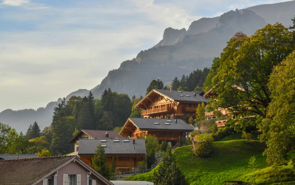 Alpine houses terraced on a mountain