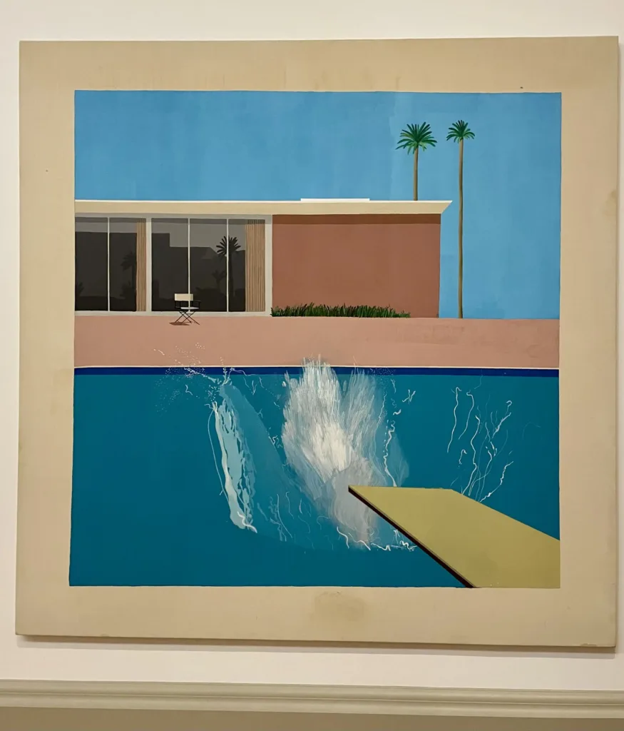 Modern painting of a house with a pool