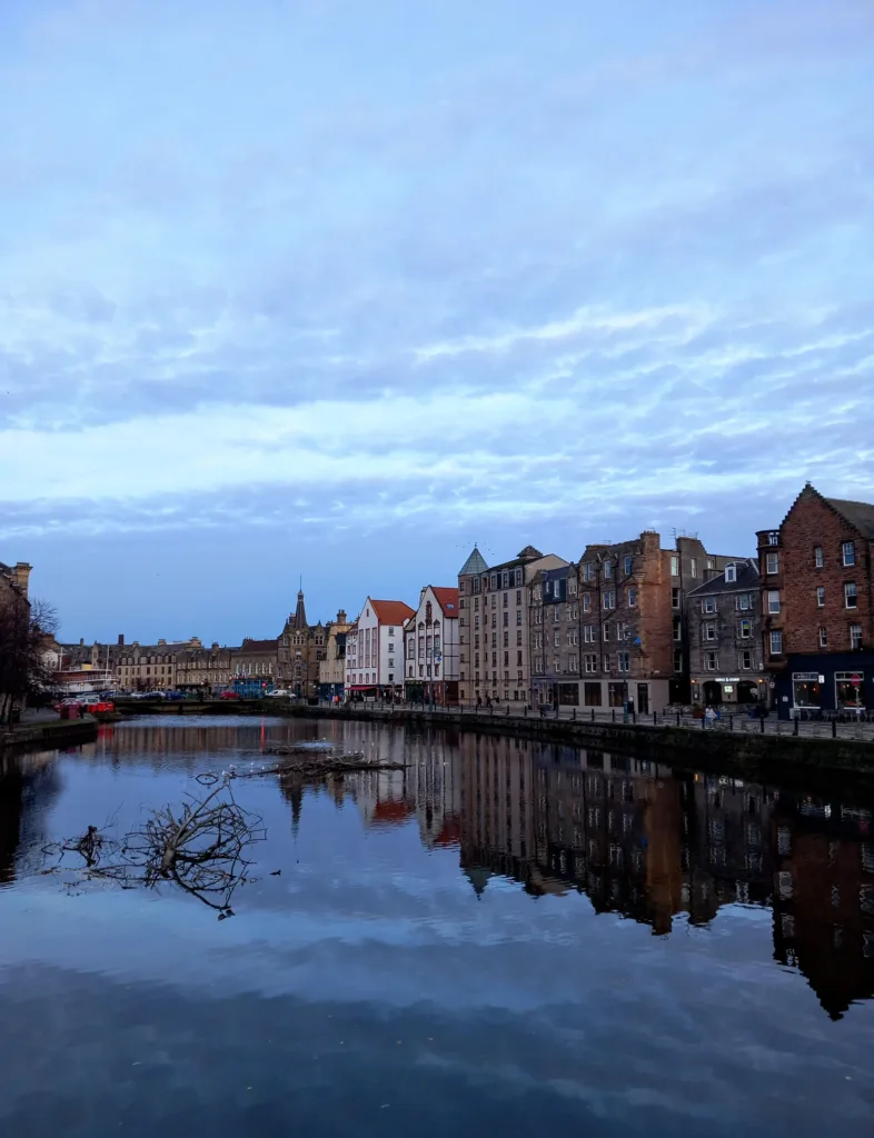 Line of multistoried houses along a river