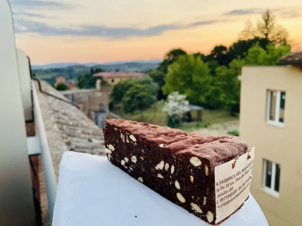 Piece of chocolate cake set outside a window with view of landscape