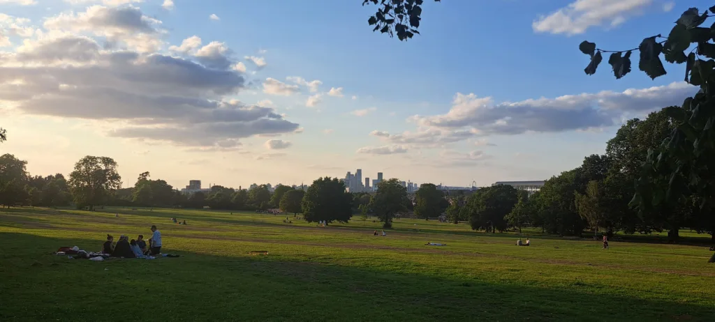 A park with a large green expanse with tall buildings on the horizon
