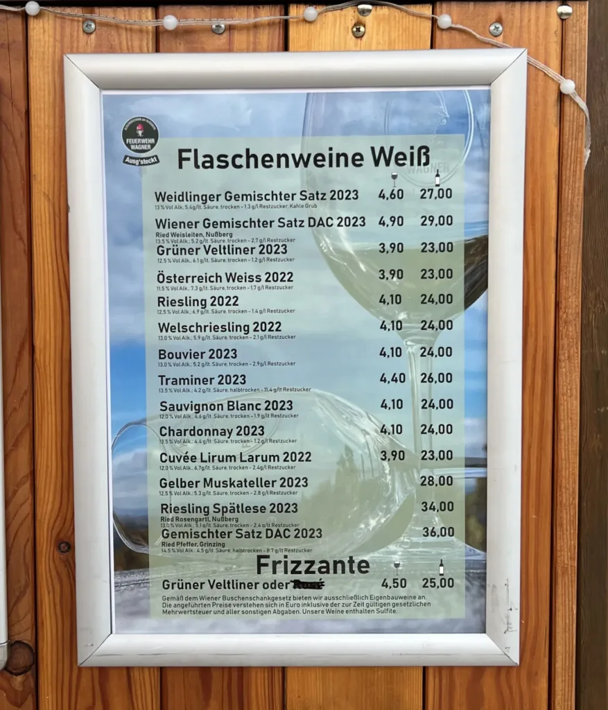 Printed menu of wine, on a tree board