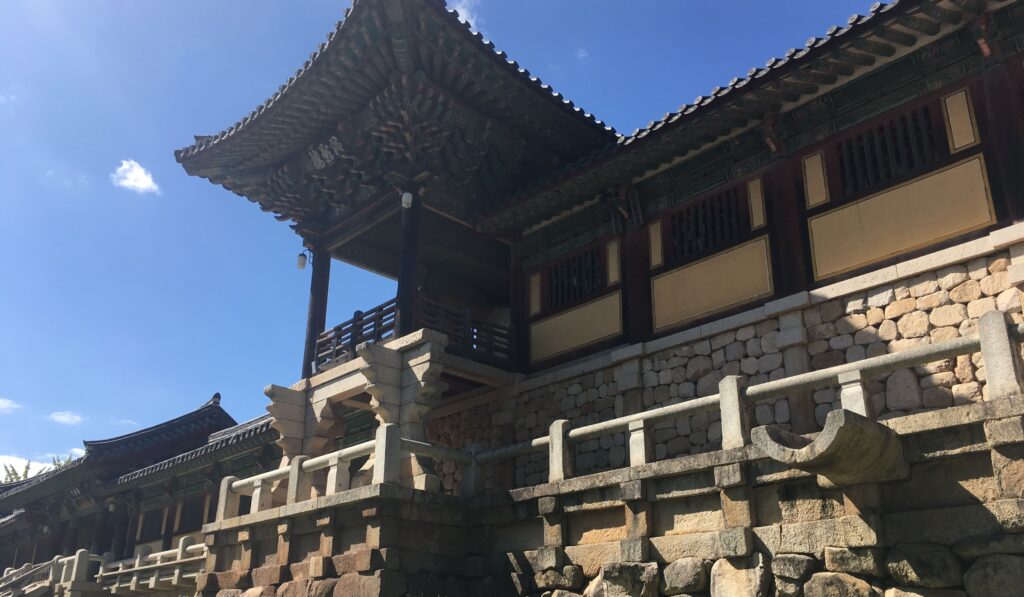 Front of a temple with ornate roof