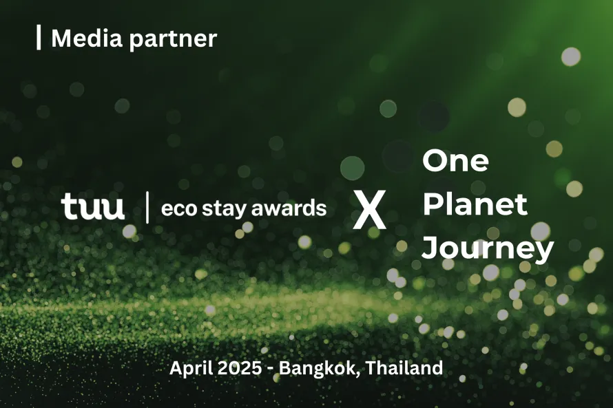Green sand graphics with text saying Media Partnership Tuu Eco Stay Awards and One Planet Journey