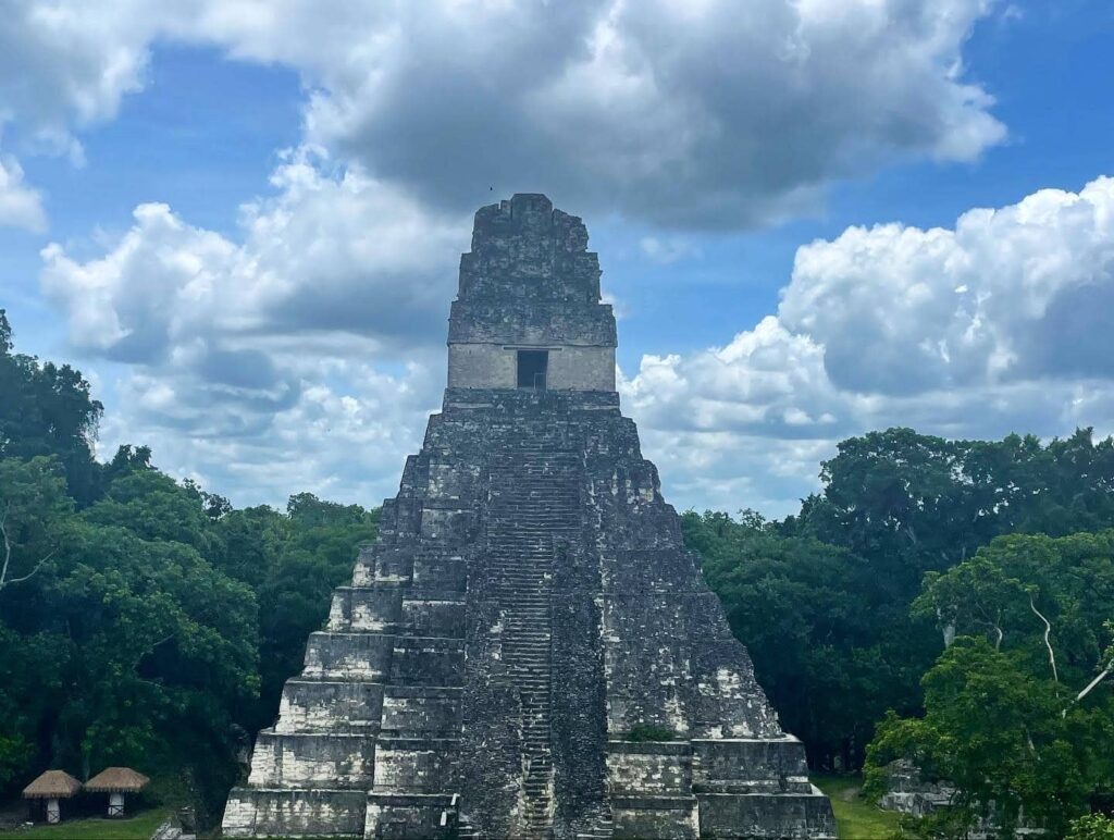 Stepped pyramid surrounded by jungle