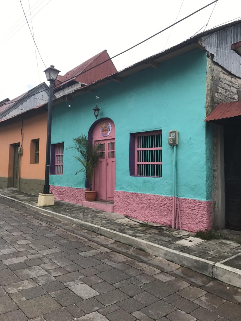 Pastel coloured houses (blue and orange) on a paved street