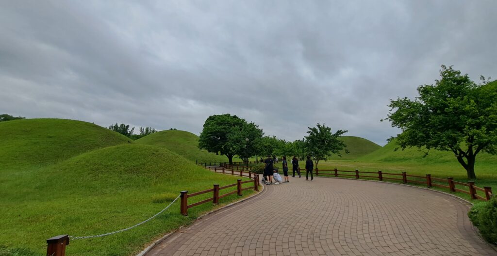 Green mounds on the side of paved path with a group of people walking