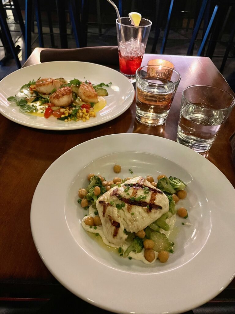 Two dinner plates and glasses of water on a table