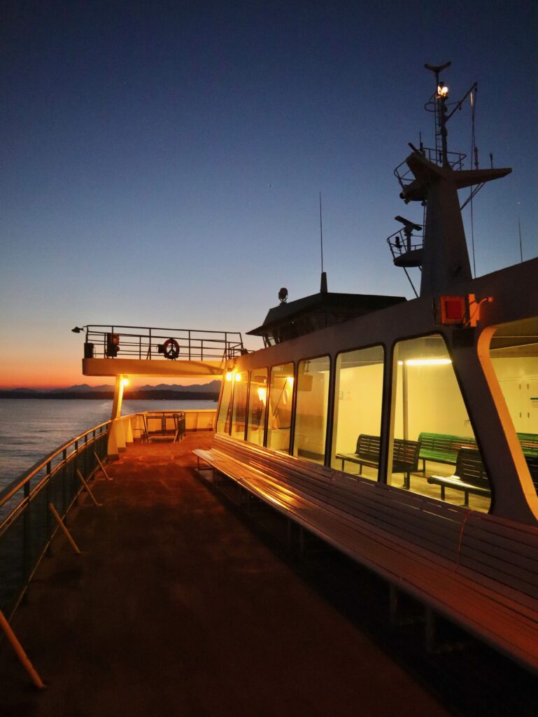 Ferry lit up in the evening