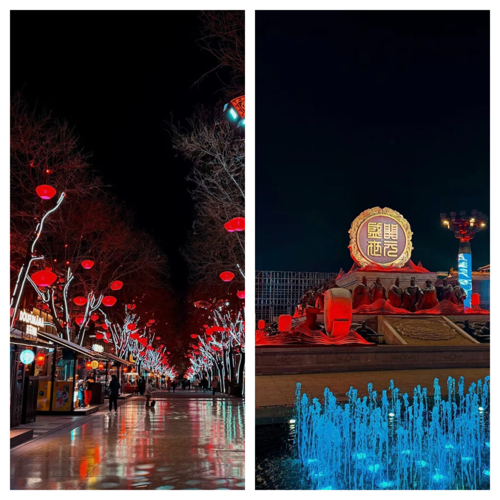 Avenue with trees and red lights lit up with a blue lit fountain in second picture