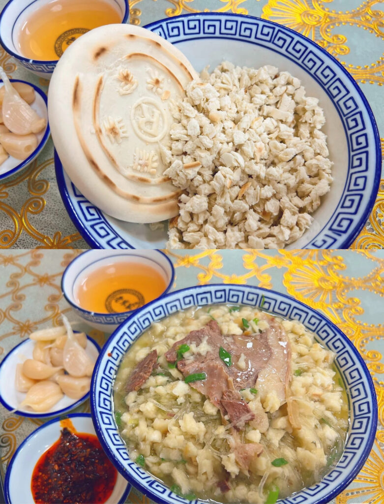 Bowl of bread and then another with bread mixed in soup