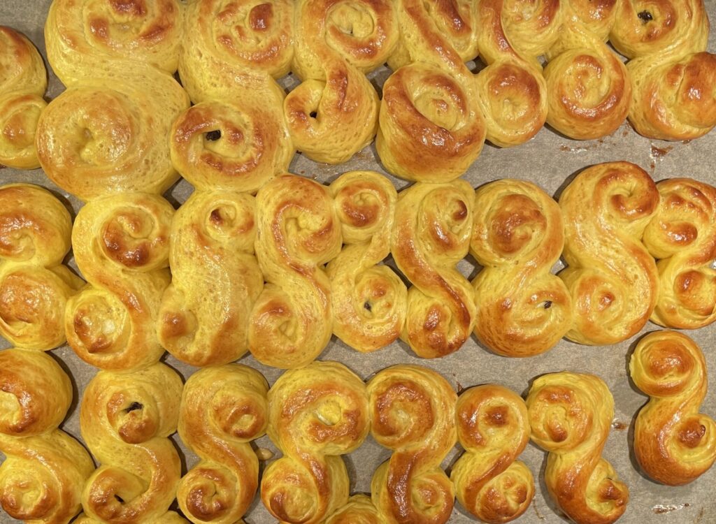Swedish Lussekatter buns on a tray