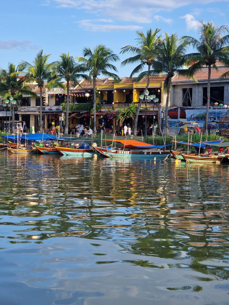 Small boats lined up along palm trees and houses