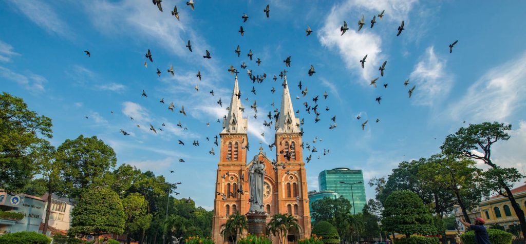 Church with two white spires with a flock of birds flying above.