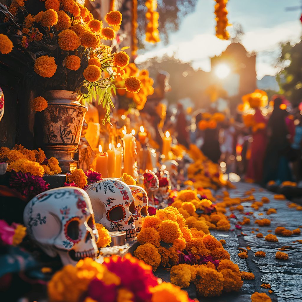Yellow flowers and decorated skulls on a street