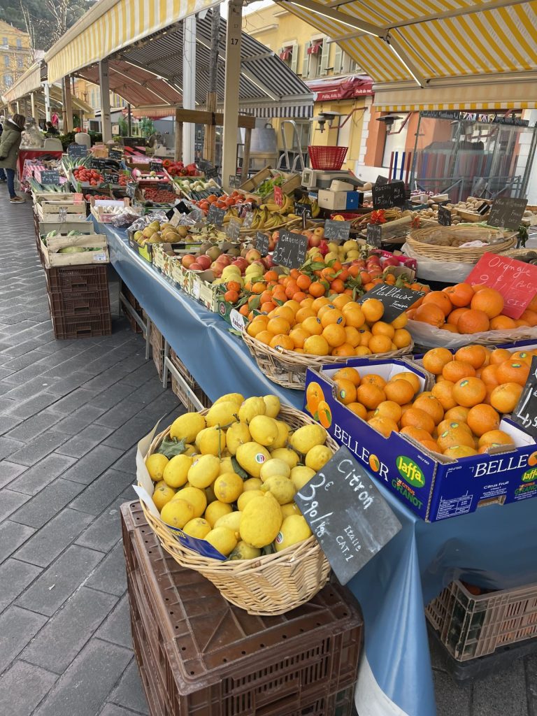 Market stall with fresh lemon and oranges