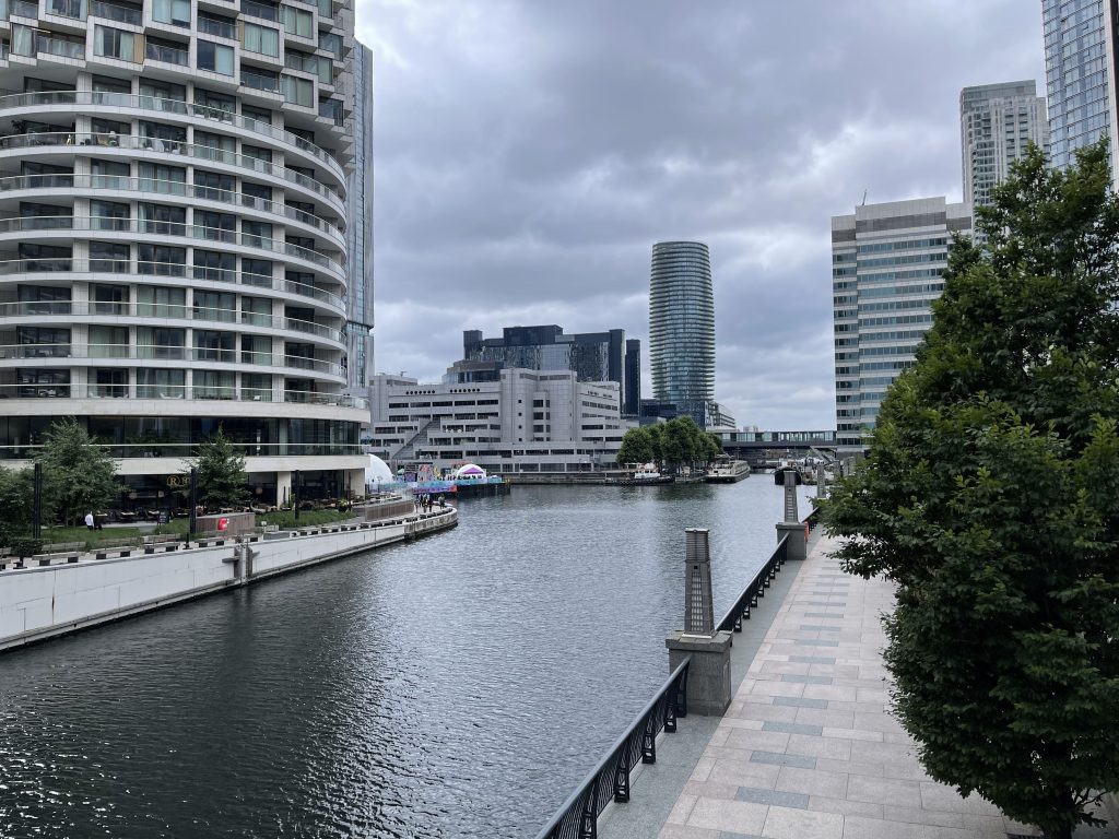 Water basin amid high rise buildings