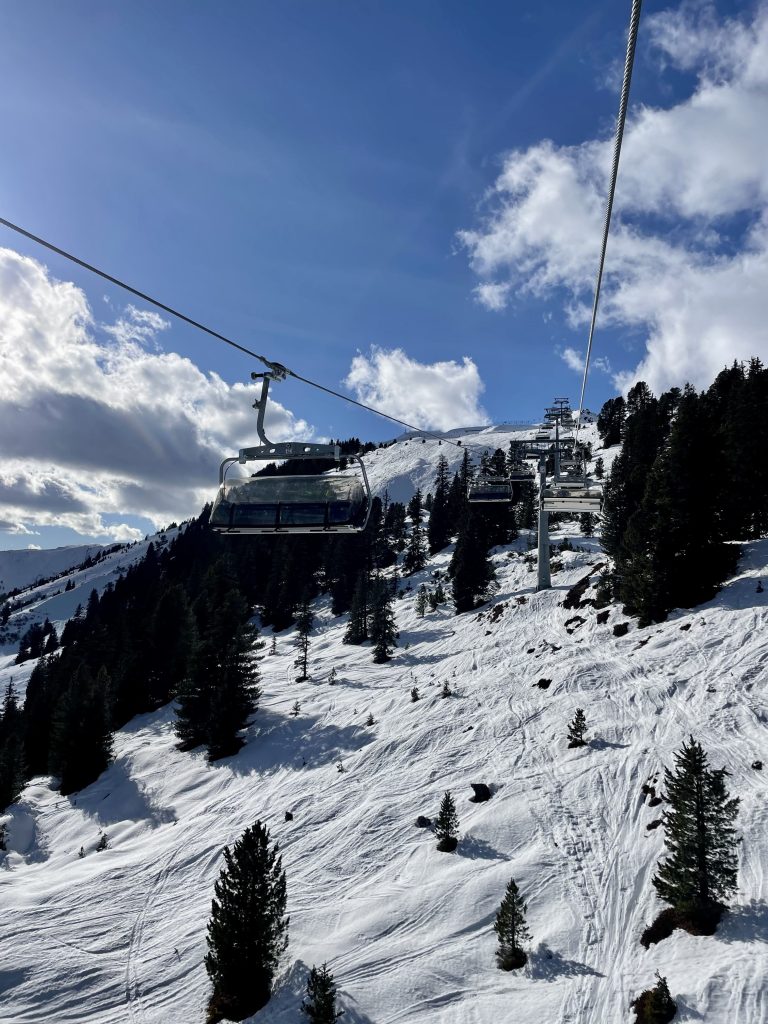 View of ski slope and trees from a chair lift