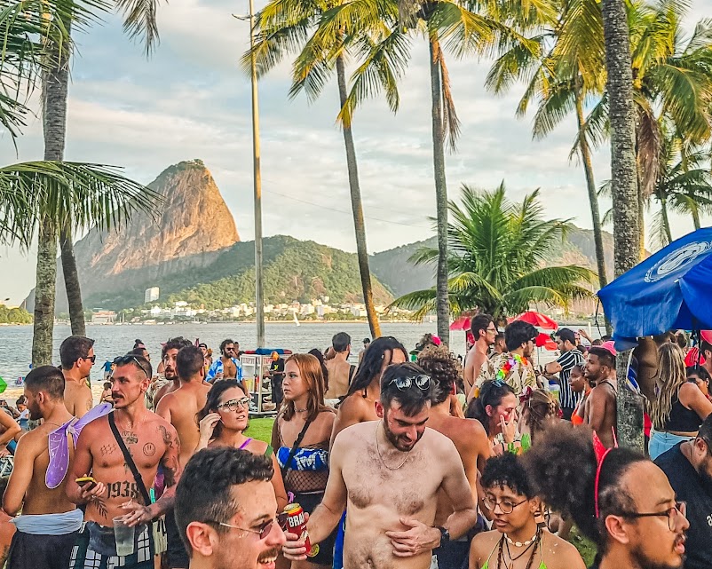 Partygoers socialising among palm trees with water and mountains in background